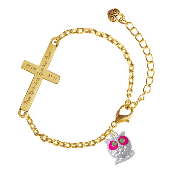 Delight Jewelry Silver-tone Owl with Hot Pink & Lime Green Crystal Eyes - Gold Tone Proverbs 31:31 Praise Her for all Her Hands have Done Engraved Cross Charm Bracelet, 6.5+1.5" Extender