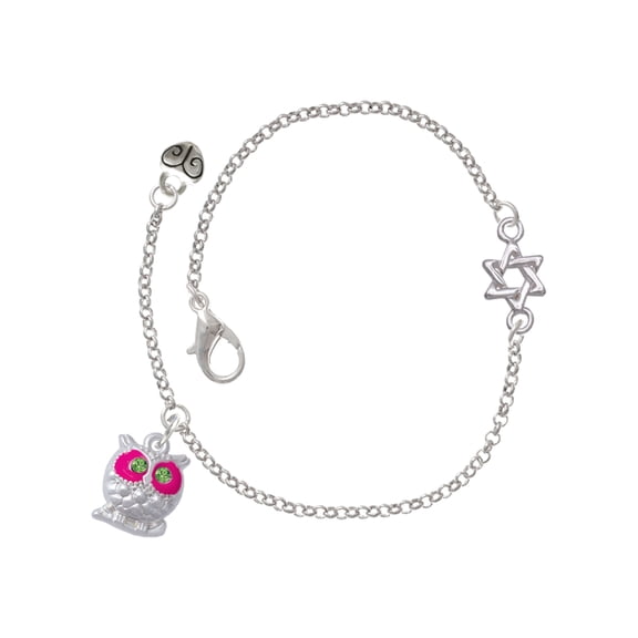 Delight Jewelry Silver-tone Owl with Hot Pink & Lime Green Crystal Eyes - Silvertone Star of David Delicate Bracelet, 6.25+1.75" Extender