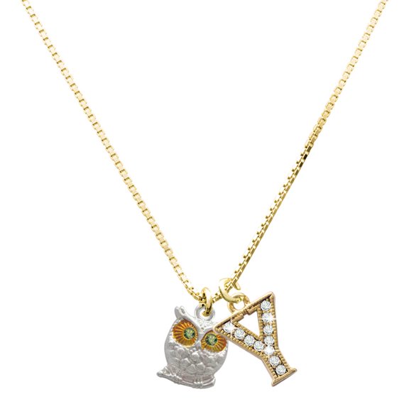 Delight Jewelry Silver-tone Owl with Lime Green Crystal Eyes - Large Goldtone Crystal Initial - Y - Charm Necklace, 17.5"+2"