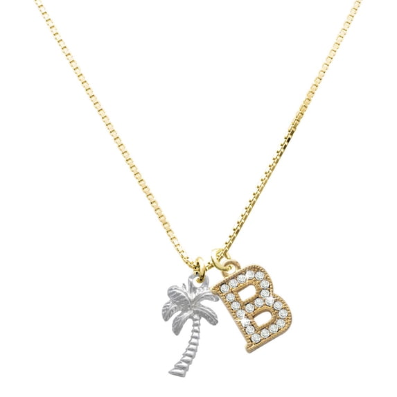 Delight Jewelry Silver-tone Palm Tree - Large Goldtone Crystal Initial - B - Charm Necklace, 17.5"+2"
