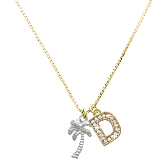 Delight Jewelry Silver-tone Palm Tree with a Large Goldtone Crystal Initial - D - Charm Necklace, 17.5"+2"