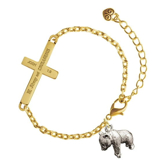 Delight Jewelry Silver-tone Panda Bear Standing - Gold Tone Joshua 1:9 Strong and Courageous Engraved Cross Charm Bracelet, 6.5+1.5" Extender