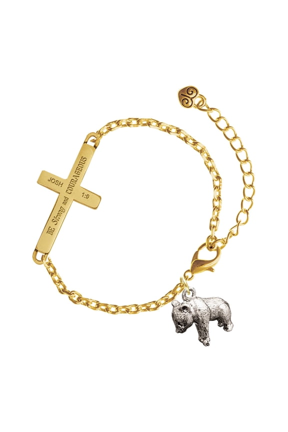 Silver-tone Panda Bear Standing - Gold Tone Joshua 1:9 Strong and Courageous Engraved Cross Charm Bracelet, 6.5+1.5" Extender
