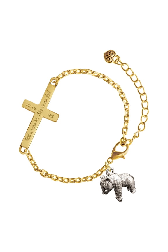 Silver-tone Panda Bear Standing - Gold Tone Psalm 46:5 She will not fall Engraved Cross Charm Bracelet, 6.5+1.5" Extender