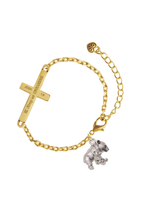 Silver-tone Panda with Cub - Gold Tone Joshua 1:9 Strong and Courageous Engraved Cross Charm Bracelet, 6.5+1.5" Extender