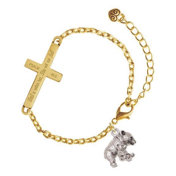 Delight Jewelry Silver-tone Panda with Cub - Gold Tone Psalm 46:5 She will not fall Engraved Cross Charm Bracelet, 6.5+1.5" Extender