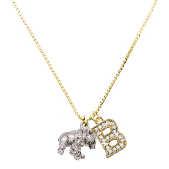 Delight Jewelry Silver-tone Panda with Cub - Large Goldtone Crystal Initial - B - Charm Necklace, 17.5"+2"