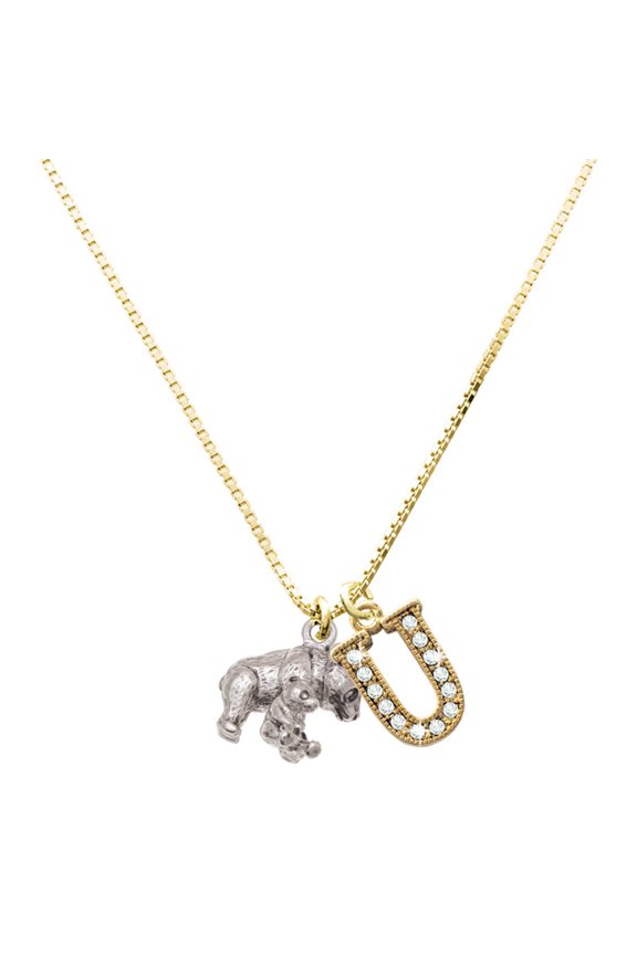 Silver-tone Panda with Cub - Large Goldtone Crystal Initial - U - Charm Necklace, 17.5"+2"