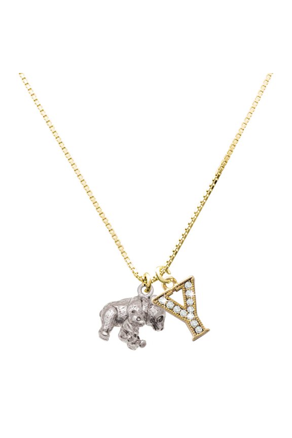 Silver-tone Panda with Cub - Large Goldtone Crystal Initial - Y - Charm Necklace, 17.5"+2"