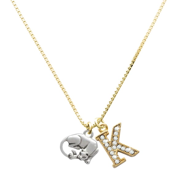 Delight Jewelry Silver-tone Panther Charm and Goldtone Crystal Initial K Charm Necklace, 17.5"+2"
