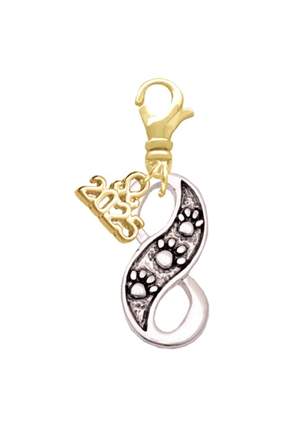 Silver-tone Paw Prints Infinity - Gold-tone Clip on Charm with Mini Year 2025