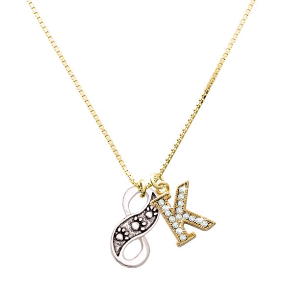 Delight Jewelry Silver-tone Paw Prints Infinity Charm and Goldtone Crystal Initial K Charm Necklace, 17.5"+2"