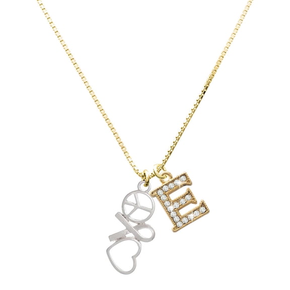 Delight Jewelry Silver-tone Peace Sign Ribbon Heart - Large Goldtone Crystal Initial - E - Charm Necklace, 17.5"+2"