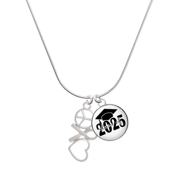 Delight Jewelry Silver-tone Peace Sign Ribbon Heart - Script Class of 2025 Dome Charm Necklace, 18"