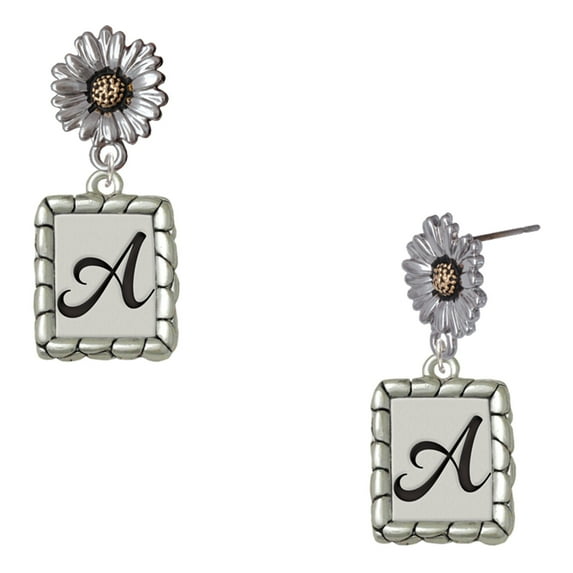 Delight Jewelry Silver-tone Pebble Border Initial - A - Two-tone Daisy Flower Post Earrings