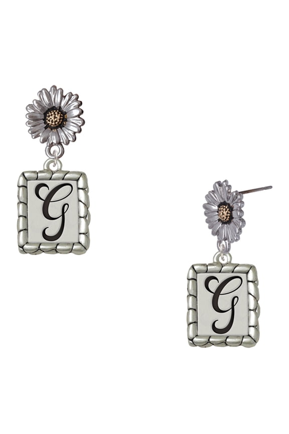 Silver-tone Pebble Border Initial - G - Two-tone Daisy Flower Post Earrings