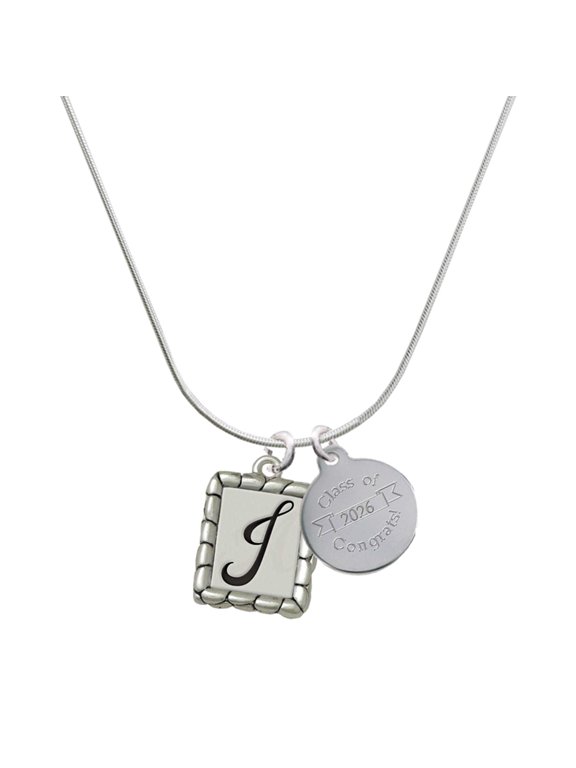 Silver-tone Pebble Border Initial - J - Engraved Congrats Class of 2026 Charm Necklace, 18"