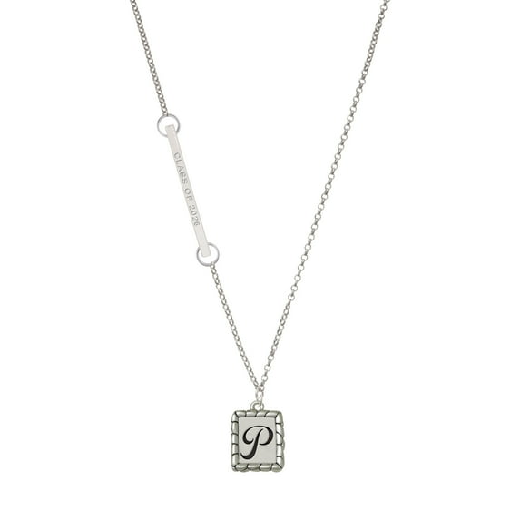 Delight Jewelry Silver-tone Pebble Border Initial - P - Silvertone Class of 2026 Delicate Bar Necklace, 18.75"