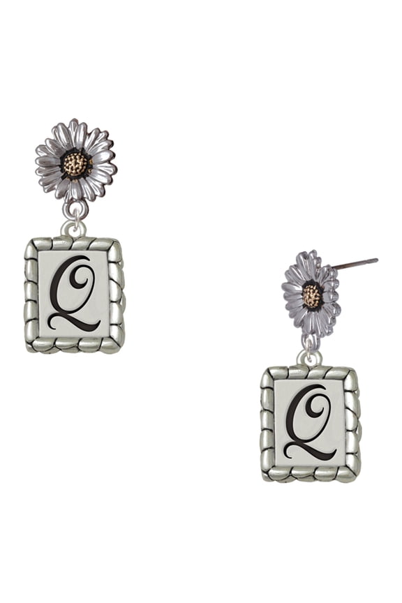 Silver-tone Pebble Border Initial - Q - Two-tone Daisy Flower Post Earrings