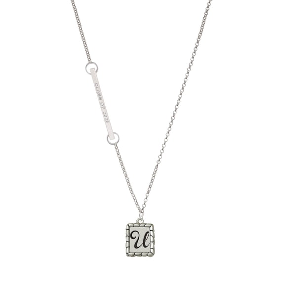 Delight Jewelry Silver-tone Pebble Border Initial - U - Silvertone Class of 2026 Delicate Bar Necklace, 18.75"