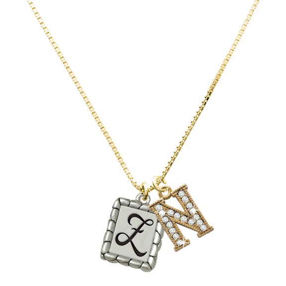 Delight Jewelry Silver-tone Pebble Border Initial - Z - Large Goldtone Crystal Initial - N - Charm Necklace, 17.5"+2"