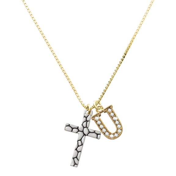 Delight Jewelry Silver-tone Pebble Cross - Large Goldtone Crystal Initial - U - Charm Necklace, 17.5"+2"