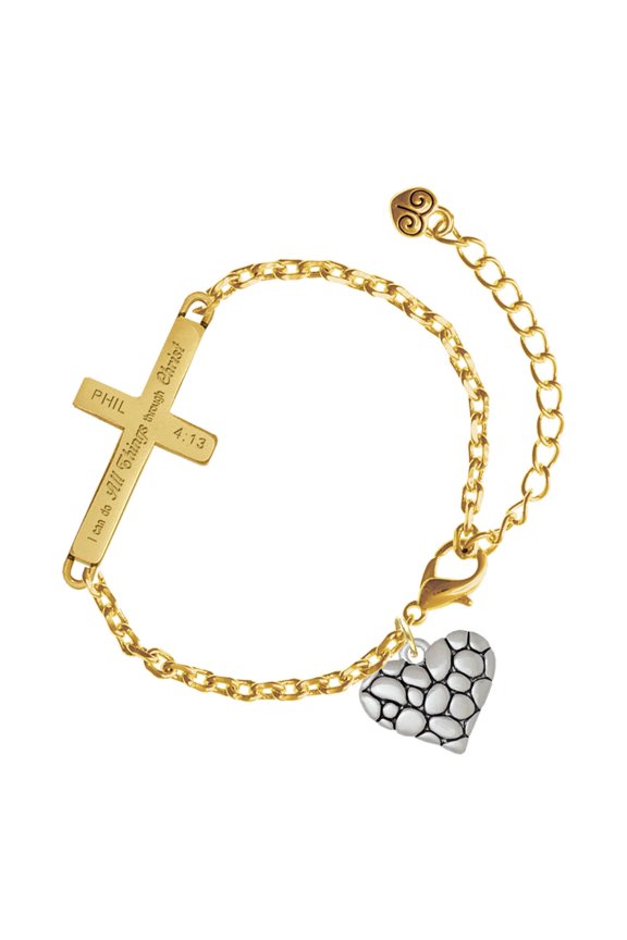 Silver-tone Pebble Heart - Gold Tone Philipians 4:13 I Do All Things Through Christ Engraved Cross Charm Bracelet, 6.5+1.5" Extender
