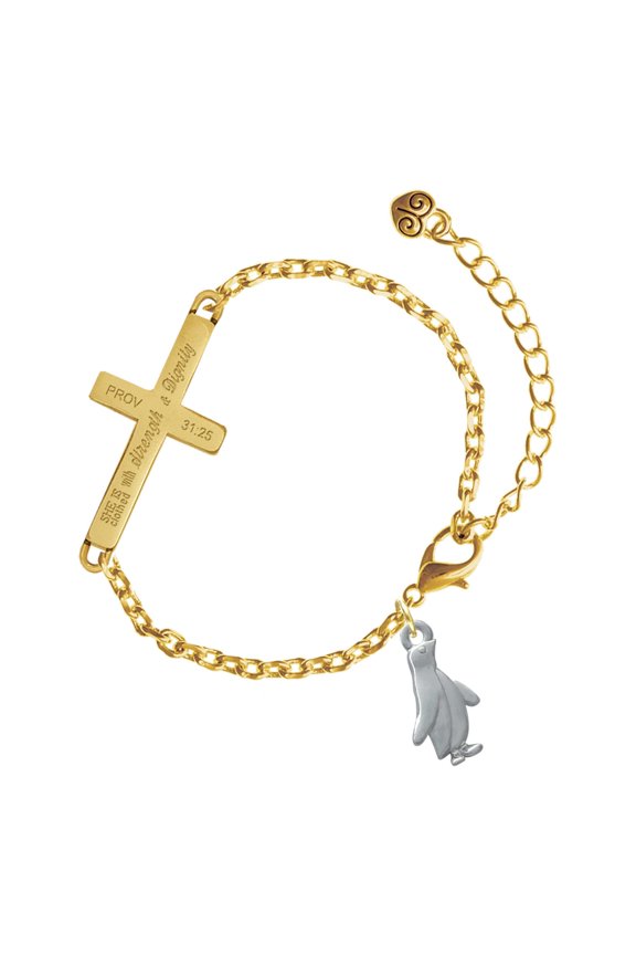 Silver-tone Penguin - Gold Tone Proverbs 31:25 She is Clothed with Strength and Dignity Engraved Cross Charm Bracelet, 6.5+1.5" Extender