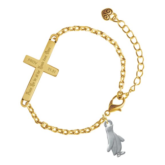 Delight Jewelry Silver-tone Penguin - Gold Tone Proverbs 31:31 Praise Her for all Her Hands have Done Engraved Cross Charm Bracelet, 6.5+1.5" Extender