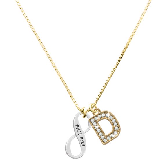 Delight Jewelry Silver-tone Philippians 4:13 Infinity Sign with a Large Goldtone Crystal Initial - D - Charm Necklace, 17.5"+2"