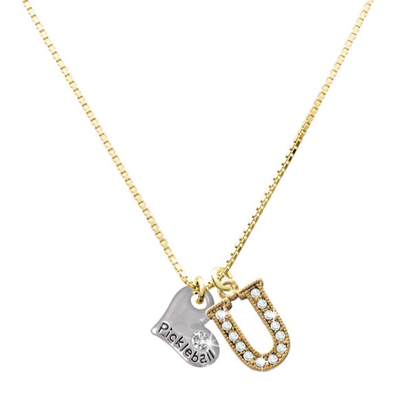 Delight Jewelry Silver-tone Pickleball Heart - Large Goldtone Crystal Initial - U - Charm Necklace, 17.5"+2"