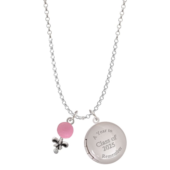 Delight Jewelry Silver-tone Pink Baby Rattle - Class of 2025 Year to Remember Locket Charm Necklace, 19+2" Extender