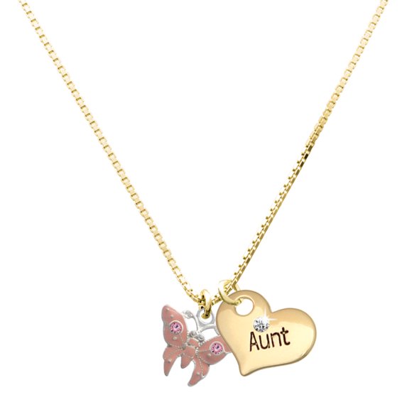Delight Jewelry Silver-tone Pink Butterfly with 2 Pink Crystals - Large Goldtone Aunt Heart Charm Necklace, 17.5"+2" Extender
