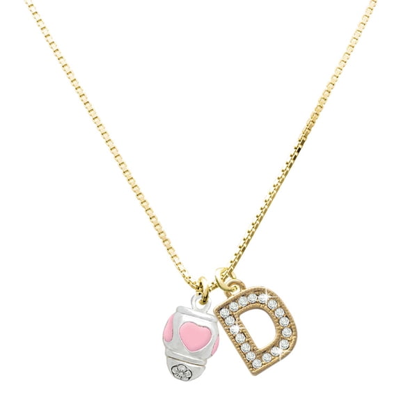 Delight Jewelry Silver-tone Pink Heart Spinner - Large Goldtone Crystal Initial - D - Charm Necklace, 17.5"+2"