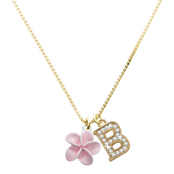 Delight Jewelry Silver-tone Pink Plumeria Flower - Large Goldtone Crystal Initial - B - Charm Necklace, 17.5"+2"