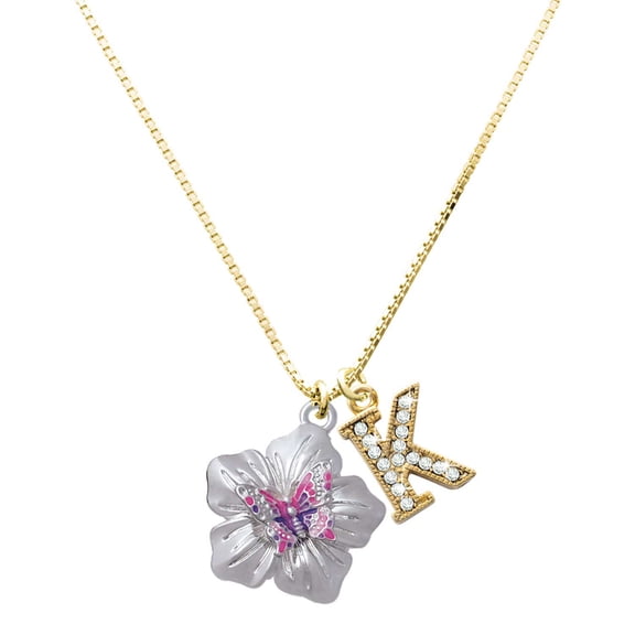 Delight Jewelry Silver-tone Pink & Purple Butterfly on Large Flower Charm and Goldtone Crystal Initial K Charm Necklace, 17.5"+2"