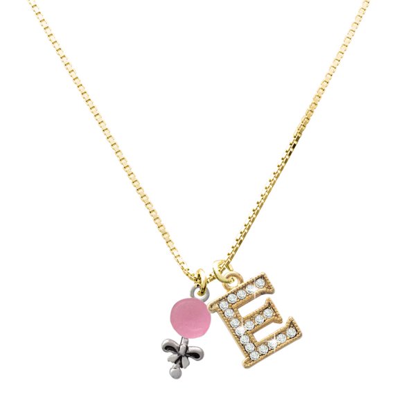 Delight Jewelry Silver-tone Pink Rattle - Large Goldtone Crystal Initial - E - Charm Necklace, 17.5"+2"