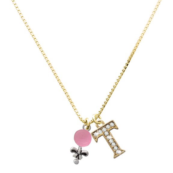Delight Jewelry Silver-tone Pink Rattle - Large Goldtone Crystal Initial - T - Charm Necklace, 17.5"+2"