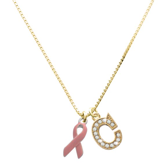 Delight Jewelry Silver-tone Pink Ribbon - Large Goldtone Crystal Initial - C - Charm Necklace, 17.5"+2"