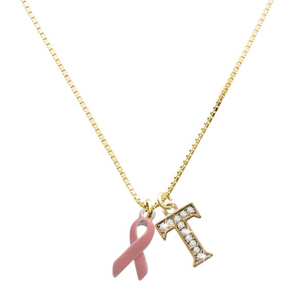 Delight Jewelry Silver-tone Pink Ribbon - Large Goldtone Crystal Initial - T - Charm Necklace, 17.5"+2"