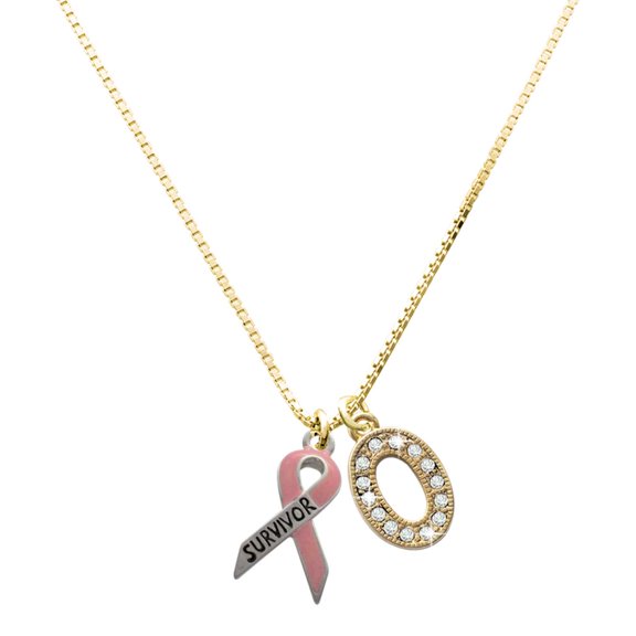 Delight Jewelry Large Goldtone Crystal Initial Necklace, featuring Silver Tone Pink Ribbon ''Survivor'' Charm, 17.5"+2", O
