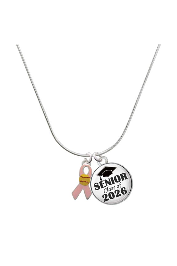 Silver-tone Pink Ribbon with Softball - Silvertone Senior Class of 2026 Dome Necklace, 18"