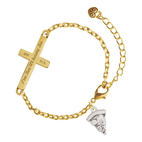Delight Jewelry Silver-tone Pizza Slice - Gold Tone Jeremiah 31:3 Everlasting Love Engraved Cross Charm Bracelet, 6.5+1.5" Extender