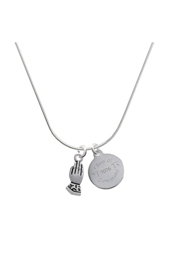 Silver-tone Praying Hands - Engraved Congrats Class of 2026 Charm Necklace, 18"