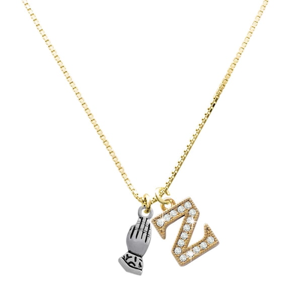 Delight Jewelry Silver-tone Praying Hands - Large Goldtone Crystal Initial - Z - Charm Necklace, 17.5"+2"