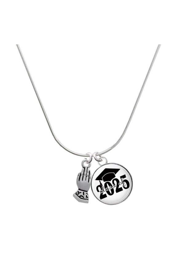Silver-tone Praying Hands - Script Class of 2025 Dome Charm Necklace, 18"