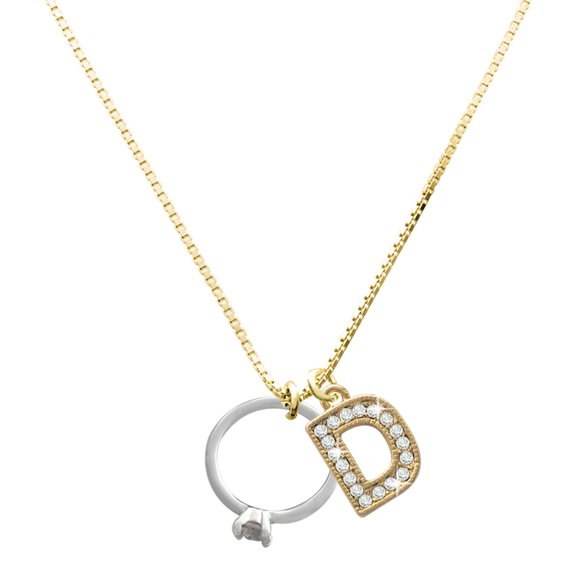 Delight Jewelry Silver-tone Promise Ring with Crystal with a Large Goldtone Crystal Initial - D - Charm Necklace, 17.5"+2"