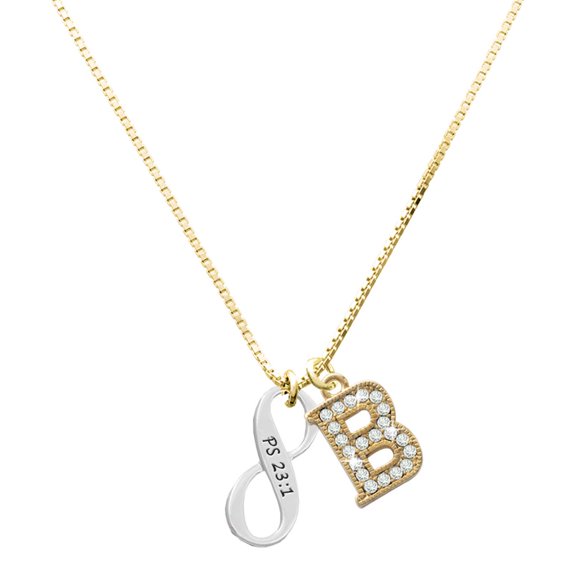 Delight Jewelry Silver-tone Psalm 23:1 Infinity Sign - Large Goldtone Crystal Initial - B - Charm Necklace, 17.5"+2"