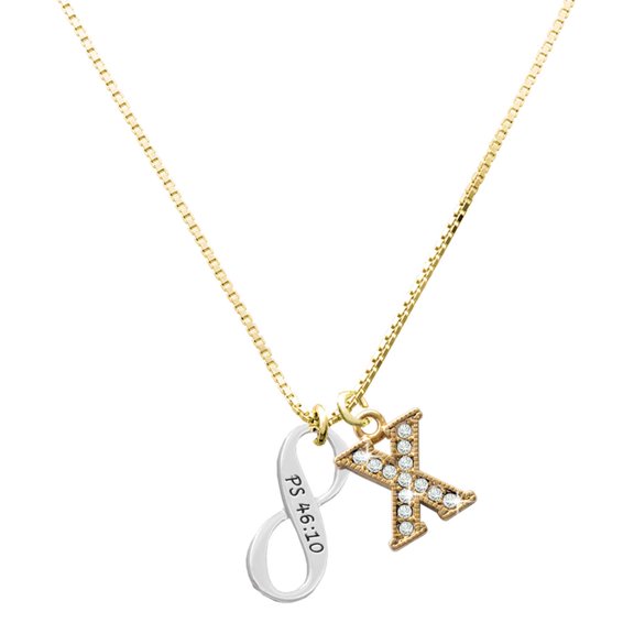 Delight Jewelry Silver-tone Psalm 46:10 Infinity Sign - Large Goldtone Crystal Initial - X - Charm Necklace, 17.5"+2"