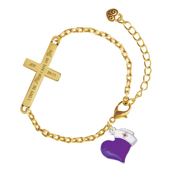 Delight Jewelry Silver-tone Purple Heart with Nurse Hat - Gold Tone Jeremiah 29:11 I Have Plans for You Engraved Cross Charm Bracelet, 6.5+1.5" Extender